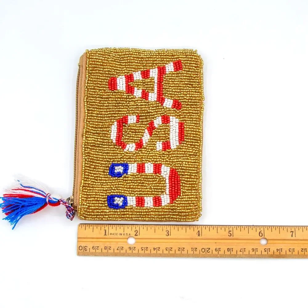 AMERICA & BEYOND USA Beaded Coin Purse Gold Patriotic 4th Of July Change Pouch